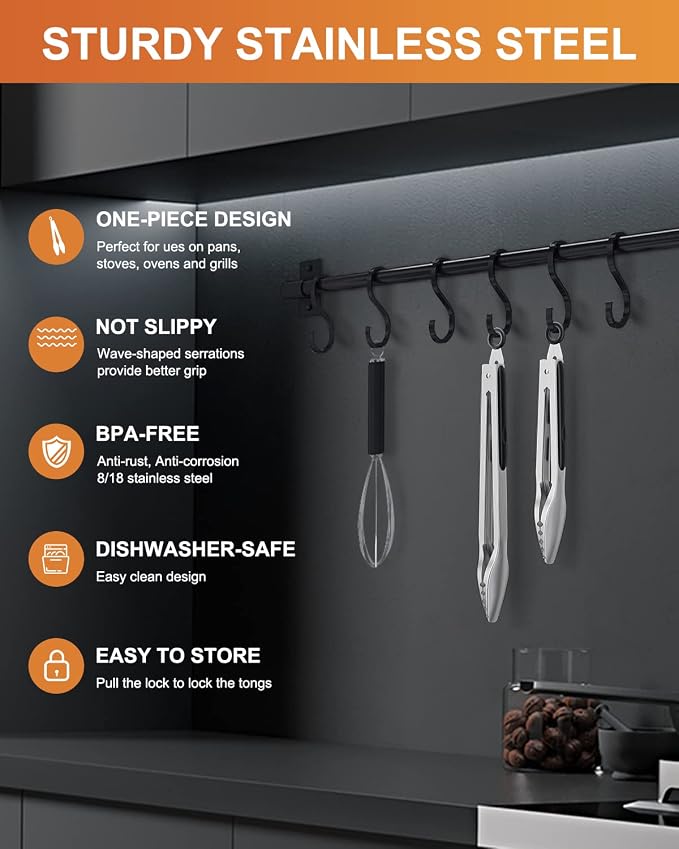 Kitchen Tongs with Teeth for Strong Gripping, 9 and 12-Inch, Black | 5-Layer Heavy Duty Stainless Steel, Good Gripping Teeth Prevent Loss of Food Into The Pot, Pull Lock, Dishwasher Safe, 1500 ℉