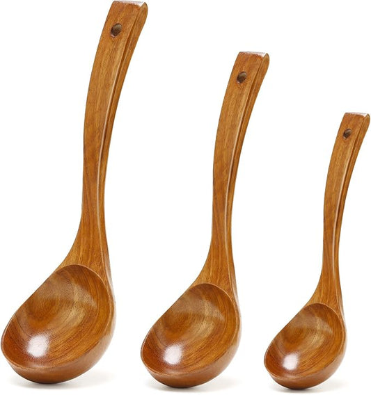 3 Pack Wooden Ladles for Serving Spoon Soup Ladle Wood Spoons for Cooking Ladel Large Spoon Kitchen Tools Ladles Big Spaghetti Spoon Laddle Non Toxic Soup Spoons Teak deep Ladle