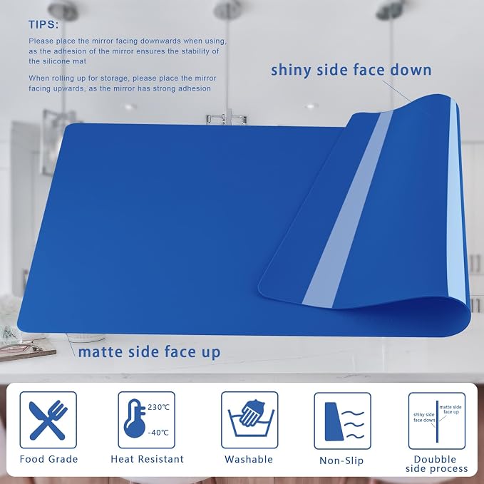 Silicone mats, Food-Grade Non-Slip Heat Resistant Mat Silicone Baking Mat 2MM Thick Pastry Mat,Countertop Protector Mat Hot Pad for Coffee Maker, Air Fryer, Toaster (Classic Blue)