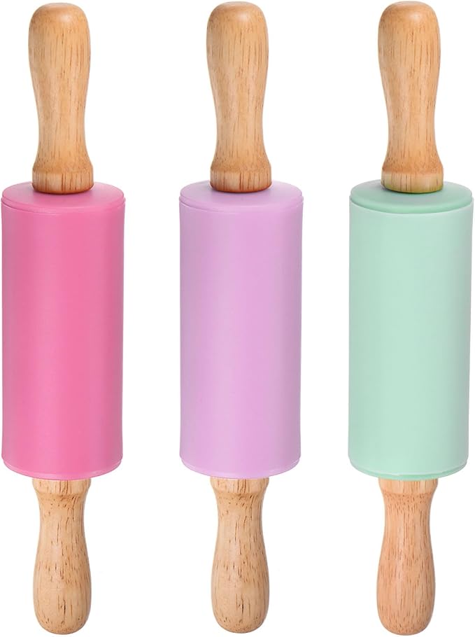 HARFINGTON 3pcs Silicone Rolling Pins for Baking 9.25 Inch Non-Stick Silicone Surface Wooden Handle Rolling Pin Small Roller Playdough Rolling Pins for Dough Pizza, Green/Red/Ppurple