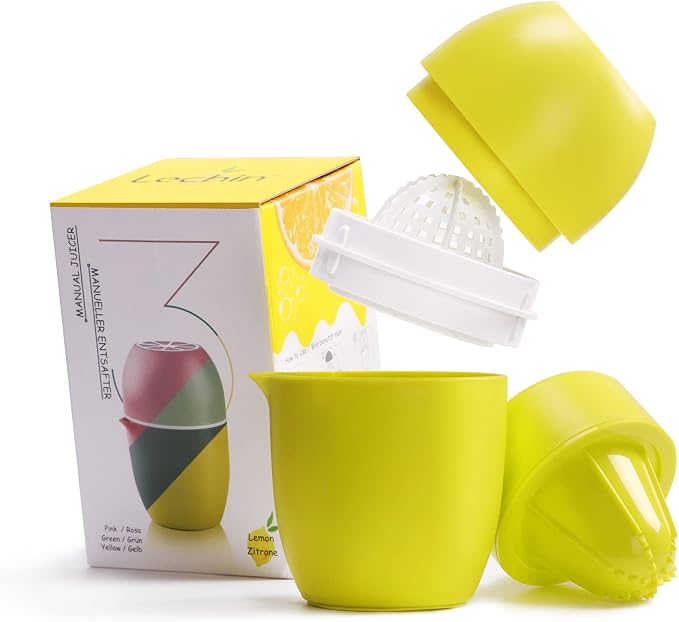 Lechin Hand Juicer, Lemon Squeezer, Two Squeezing Options, Yellow | Unique lemon shape, for various fruits, dishwasher-safe, with strainer and container, 480 ml