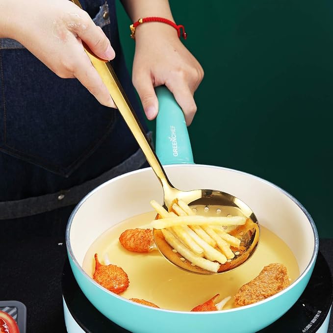 Gold Skimmer, Berglander Metal Strainer With Titanium Gold Plating, Kitchen Cooking Skimmers For Non-Stick Cookware, Dishwasher Safe, Easy to Clean