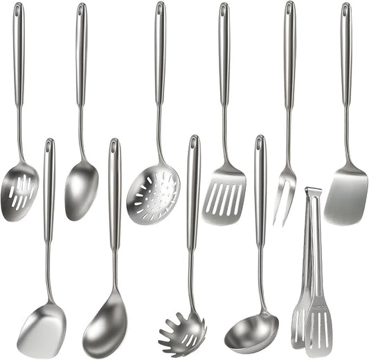 Newness 11 Pcs Cooking Utensils Set, 304 Stainless Steel Kitchen Utensils Set, Metal Kitchen Accessories, Include Soup Ladle, Slotted Skimmer Spoon, Spaghetti Spoon and Spatula, Dishwasher Safe
