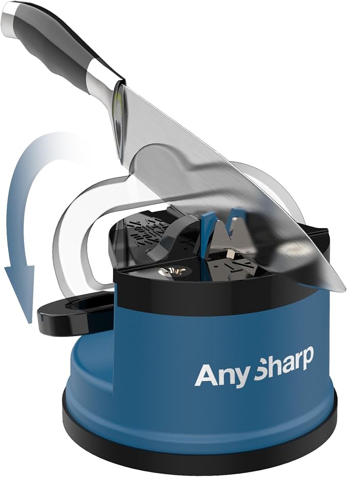 AnySharp – Global – Hands Free Knife Sharpener - Easy to Use Sharpening Tool with PowerGrip Suction Base and 20-Degree Pre-Set Angle - for All Knives: Chef's, Serrated, and Hardened Steel - Blue