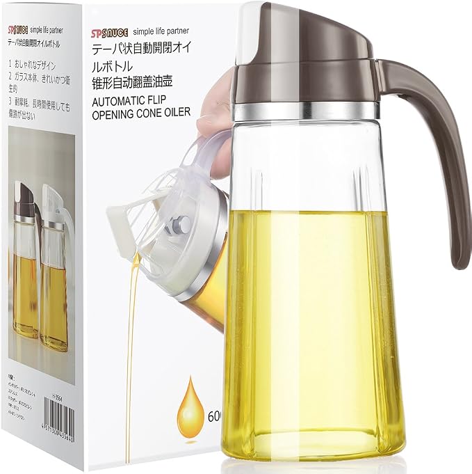 Marbrasse Auto Flip Olive Oil Dispenser Bottle,20 OZ Leakproof Condiment Container With Automatic Cap and Stopper,Non-Drip Spout,Non-Slip Handle for Kitchen Cooking Brown