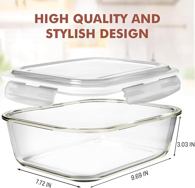 Razab 10 Cups/ 80 Oz 4 Pc (Set of 2) Glass Food Storage Containers with Airtight Locking Lids For Storing & Serving Food. BPA Free & Leak Proof - Microwave, Dishwasher, Fridge, Freezer, Oven Safe