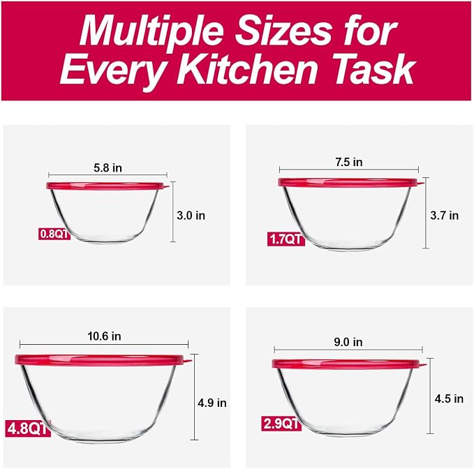 4 Pack Glass Mixing Bowls Set with Lids (4.8QT, 2.9QT, 1.7QT, 0.8QT) | Glass Nesting Bowls for Kitchen Baking, Cooking and Serving, Oven, Dishwasher, Freezer, and Microwave Safe