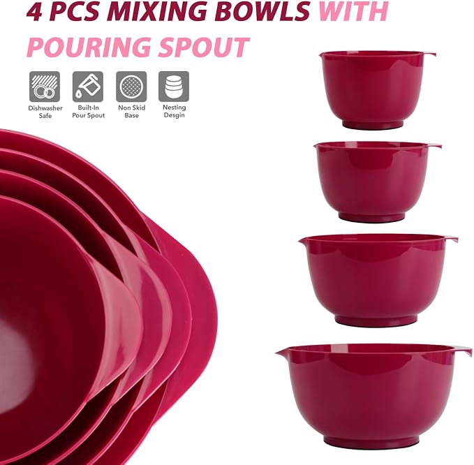 BoxedHome Classic Mixing Bowls Set of 4, BPA Free Plastic, Microwave Safe | 4.5, 3.5, 2.5 and 1.7 QT, Non-slip Base Large Non-toxic Nesting Bowl with Pour Spout, Dishwasher Safe, for Prep, Cooking