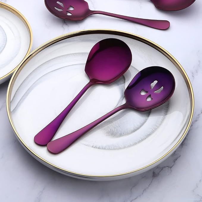 Meisha Serving Spoons Set, 3 Serving Spoons and 3 Slotted Serving Spoons, Purple Stainless Steel Serving Utensils for Buffet Can Banquet Cooking Kitchen - Mirror Polished