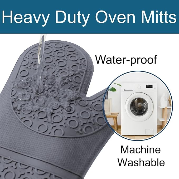 Extra Long High Temp Oven Mitts - 2pcs Commercial, Heavy Duty Non-Slip Grip Mitts - Silicone Heat Resistant Up to 500 Degrees, Ideal for Cooking, Baking & Frying, Grey