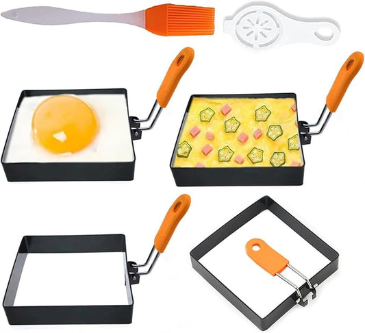 Large 4 Pcs 4 Inch Sqaure Egg Ring for Griddle Frying Egg,4" Non-stick Stainless Steel Square Egg Mold,Square Omelet Ring Pancake Mold Maker With Silicone Insulated Handle Oil Brush & Egg Separator