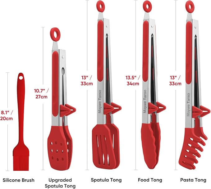 5-Pack Silicone Tongs for Cooking,Maywe Tanso 4PCS 13-Inch Kitchen Tongs with Silicone Tips,Nonstick Stainless Steel Tong for Steak Pie Pizza Pasta Spaghetti Salad BBQ Buffet,Plus Brush