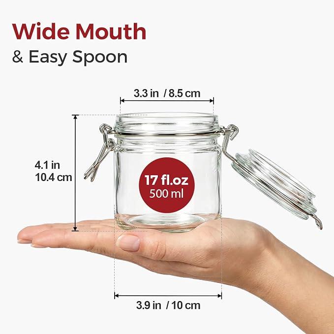 Small Glass Jars with Airtight Lids 17oz 6 Pack Overnight Oats Jars | Leak Proof,BPA-Free,Clamp Lid, Sugar Cookies Candy Nuts Snacks Storage, Pantry Organization, Wide Mouth, Labels Included