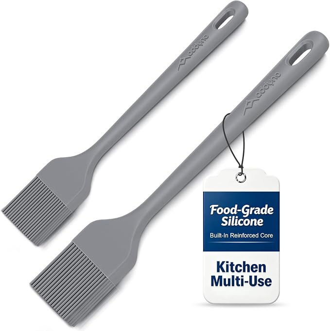 Silicone Basting Brush Set, 2-Pack Food-Grade BPA-Free Pastry Brush, 446°F Heat Resistant with Reinforced Inner Core, One-Piece Design for BBQ, Grilling, Baking, Butter, Marinades & Oil (Gray)