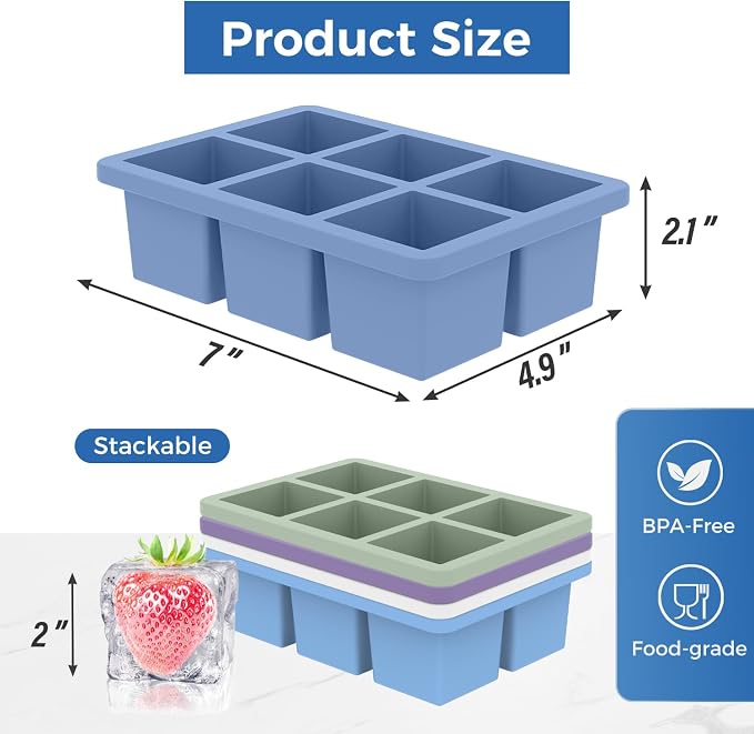 mossime Silicone Ice Cube Tray: 4pack Square Whiskey Large Ice Cube Molds - Old Fashioned Ice Cube Trays with Lid - 2inch Easy Release Big Freezer Mold for Cocktail Food Soup & Juice