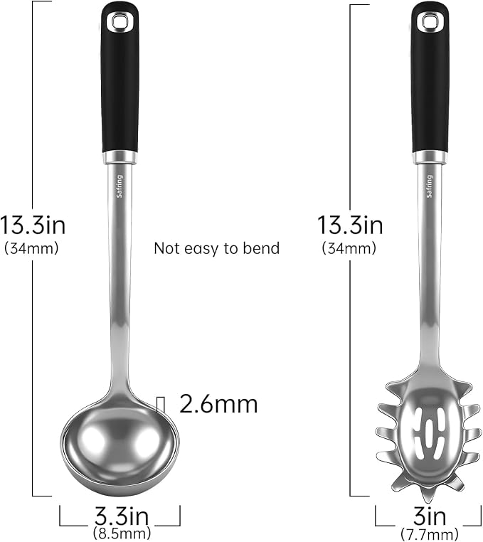 Safring Stainless Steel Soup Ladle and Spaghetti Spoon Set, Heat Resistant Rubber Handle, Dishwasher Safe, Kitchen Utensils for Cooking, Stirring, Serving Pasta, Soup & Sauce (black)