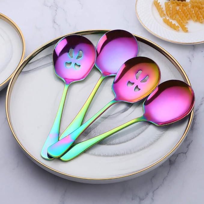 Serving Spoons Set, 3 Serving Spoons and 3 Slotted Serving Spoons, Rainbow Stainless Steel Serving Utensils for Buffet Can Banquet Cooking Kitchen - Mirror Polished