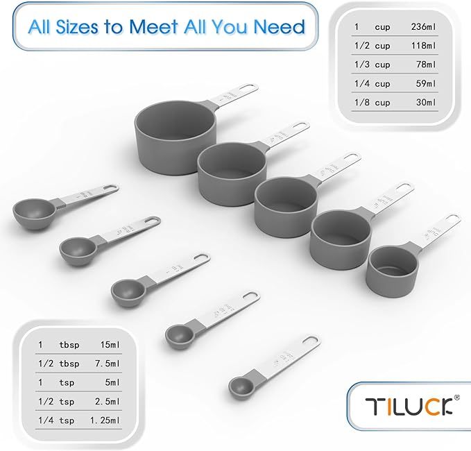 Measuring Cups & Spoons Set, Stackable Cups and Spoons | Nesting Measure Cups with Stainless Steel Handle, Kitchen Gadgets for Cooking & Baking (Gray)