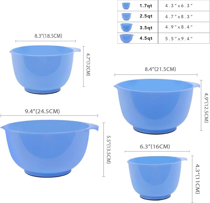 BoxedHome Mixing Bowls Set,BPA-Free Plastic,Anti-slip,4.5, 3.5,2.5.1.7Quart | Microwave and Dishwasher Safe,Nesting Bowls with Pour Spout for kitchen Baking,Salads,Meal Prep,RV,Camping