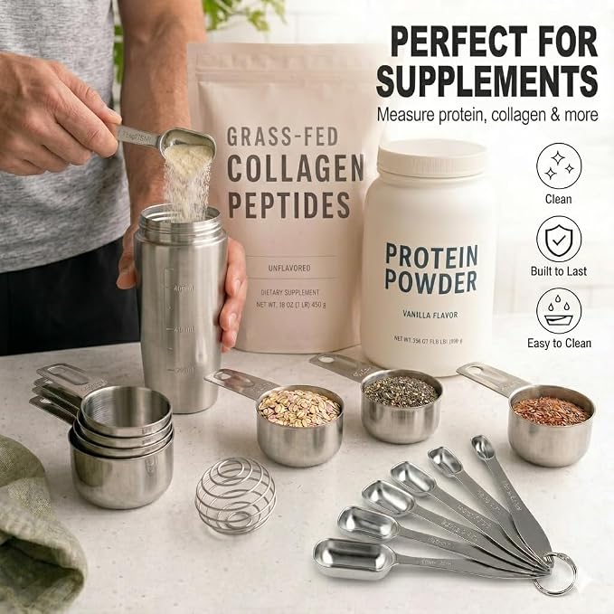 Stainless Steel Measuring Cups and Spoons Set, 13-Piece Metal Measuring Set with Engraved US & Metric Measurements, 7 Cups & 6 Spoons for Baking, Cooking & Meal Prep