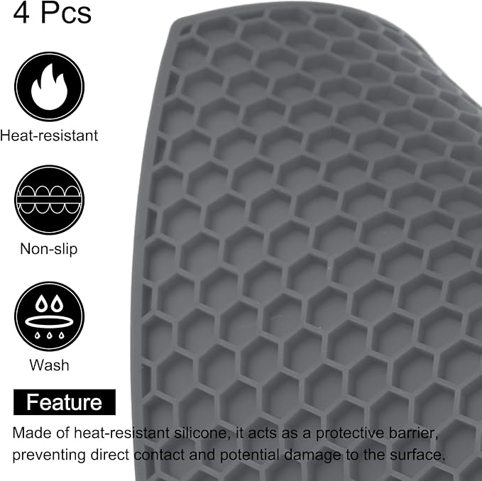 uxcell 4pcs Silicone Trivet Mats Heat Resistant Silicone Pot Holders for Hot Pots and Pans, Non-Slip Hot Pads for Kitchen Hot Dishes Table Countertops, Dark Grey(Hexagonal)