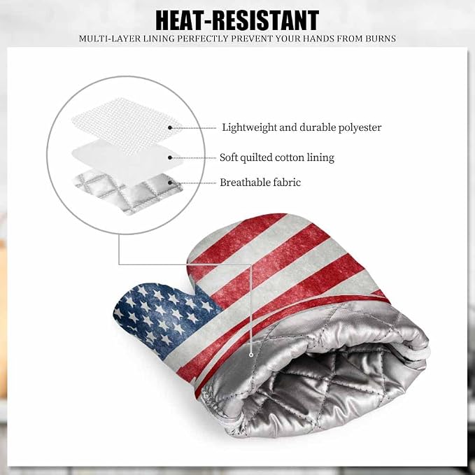 Mxocom Grungy Us Flag Oven Mitts and Pot Holders Sets Vintage American Flag Red Stripes Ancient Country Flag Silicone Heat Resistant Kitchen Oven Gloves Pot Holder for Cooking