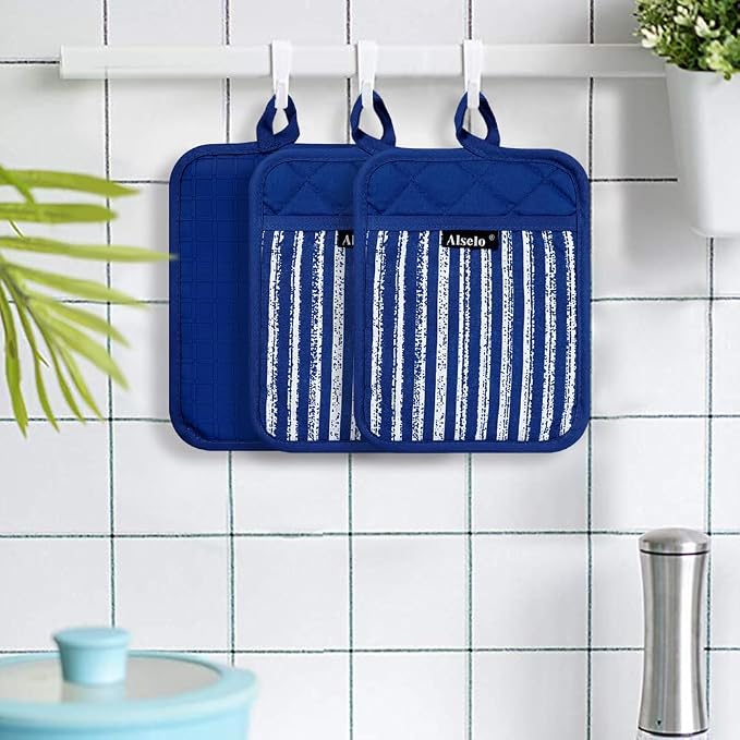 Alselo Silicone Pot Holders Set of 3 Heat Resistant & Non Slip Potholders, Professional Oven Hot Pads with Pockets Mitts for Kitchen Cooking Baking Barbecue (Cobait Blue, 3)