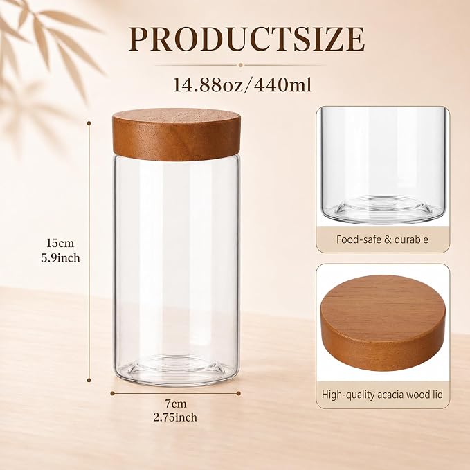 12 Pack 15oz Clear Tea Storage Containers with Airtight Lids 15oz Plastic Food Storage Jar with Acacia Wood Lids for Loose Tea Coffee Sugar Candy Herbs and Spices