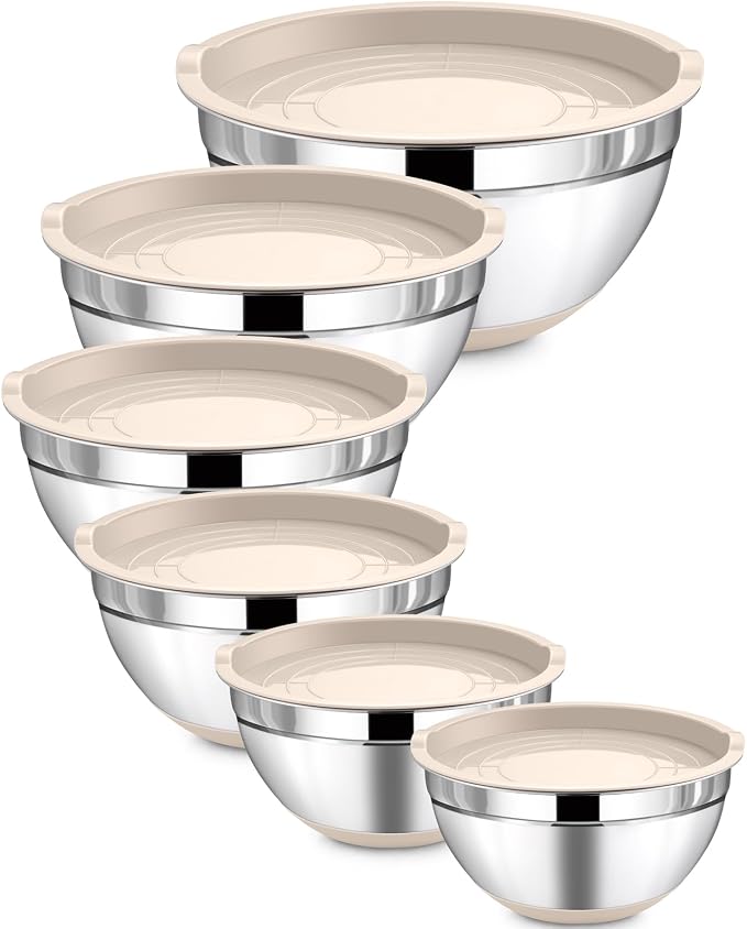 LIANYU 6 Piece Mixing Bowls Set with Airtight Lids, Metal Nesting Bowl | Size 7, 3.5, 2.5, 2, 1.5, 1QT, Stainless Steel Bowls for Kitchen Baking Cooking Serving Food Storage, Non-slip Bottom, Khaki