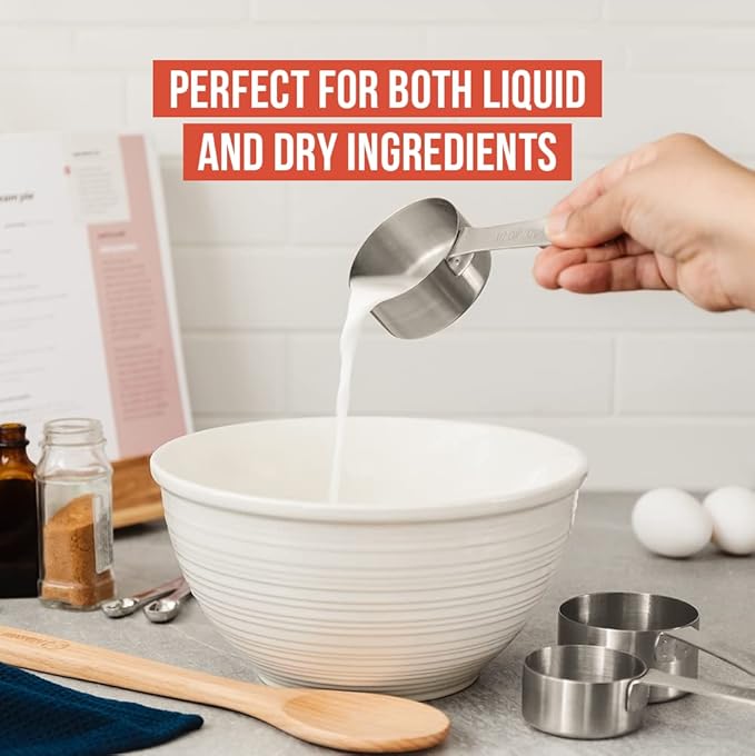 Chef Pomodoro Stainless Steel Measuring Cups, Stackable 7 Pcs Long Handle | Metal Measuring Cups Stainless Steel, Lasered Markings Stainless Measuring Cups Long Handle, Nesting Set with Sorting Ring
