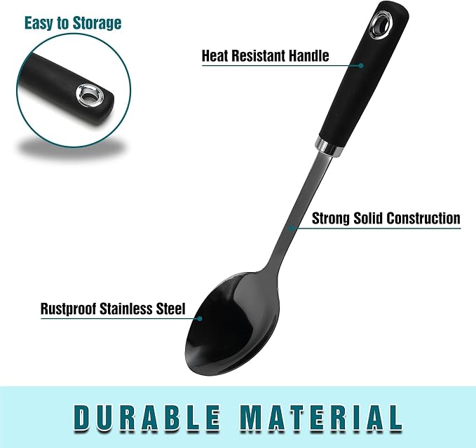 Black Stainless Steel Cooking Spoon, Solid Serving Spoon and Basting Spoon with Ergonomic Handle for Stirring, Mixing, Serving and Sauces, Dishwasher Safe