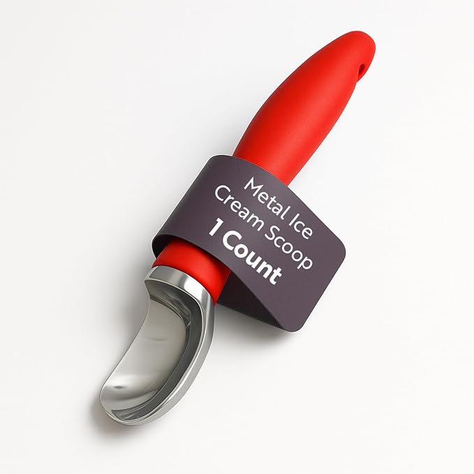 Restaurantware Comfy Grip 7.9 x 2 Inch Kitchen Ice Cream Scoop 1 Heavy-Duty Ice Cream Disher - Ergonomic PP Handle Dishwashable Red Metal Ice Cream Spade With Lid Opener Notch Multi-Use
