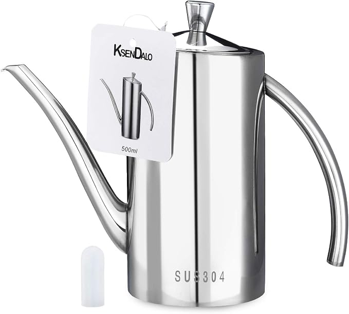 KSENDALO Premium SUS304 Stainless Steel Olive Oil Bottle Dispenser & Kitchen Cruet (500ML/17oz) - Leakproof Oil Bottle with Spout & Arcuate Handle, Ergonomic ONE-Piece Body with Precision Pouring | Leakproof One Piece Body Long Narrow Spout