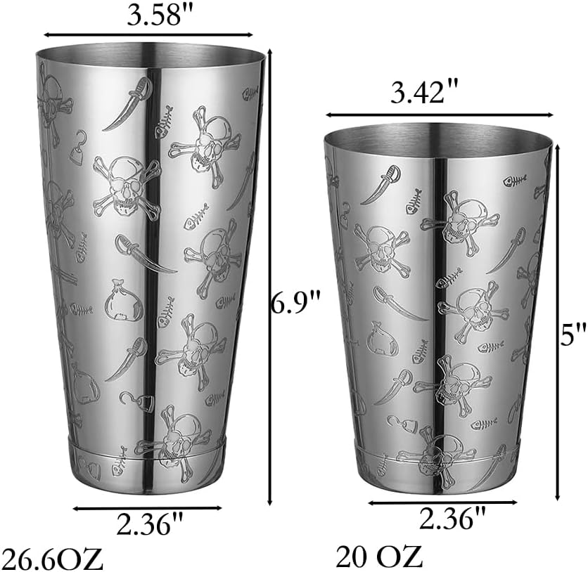 Stainless Steel Boston Shaker with Etched Pattern Weighted Shaking Tin Set (Skull)