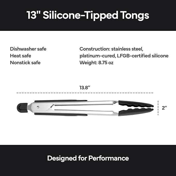 Misen Kitchen Tongs - Dishwasher Safe, Heavy Duty - Precision Silicone-Tipped Grilling Tool - Heat Resistant, Nonstick Safe - Perfect for Serving and Air Frying- 13 Inch | Black