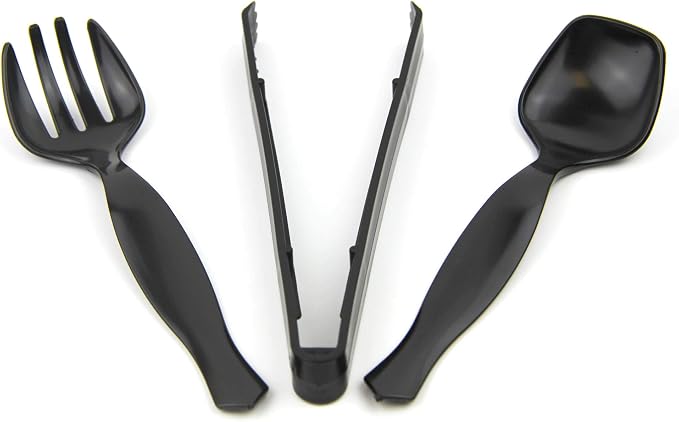 Fit Meal Prep [30 Pack] 10 x 8.5" Spoons, 10 x 8.5" Forks, 10 x 9" Tongs Combo, Black Disposable Plastic Serving Utensils Set, Heavy Duty Catering Supplies, Wedding, Birthday Party, Buffet