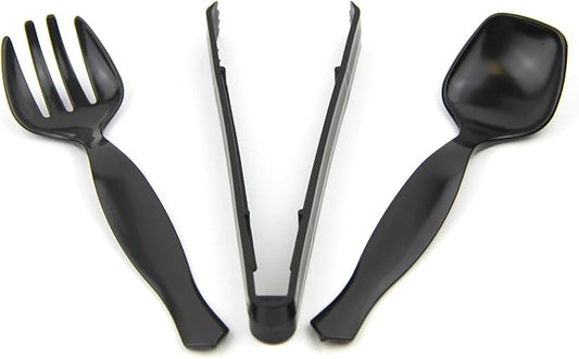 Fit Meal Prep [30 Pack] 10 x 8.5" Spoons, 10 x 8.5" Forks, 10 x 9" Tongs Combo, Black Disposable Plastic Serving Utensils Set, Heavy Duty Catering Supplies, Wedding, Birthday Party, Buffet