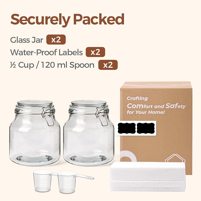 ComSaf Large Glass Pantry Jars with Airtight Lids 74 oz 2 Pack Wide Mouth | Flour sugar rice, Measuring cup, Labels included, Sourdough pickling, Large capacity, Cabinet organization, Dry goods