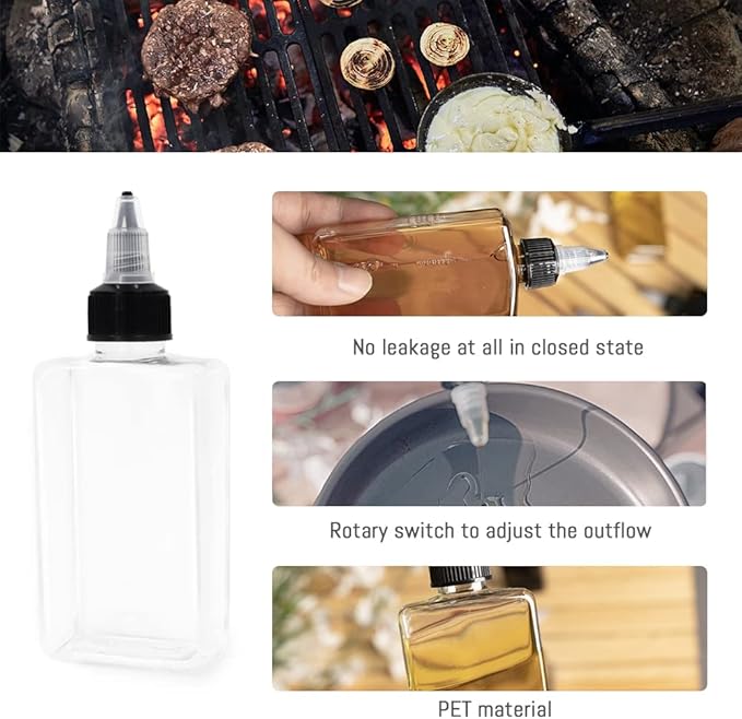LELE LIFE 4Pcs Small Oil Dispenser Bottle for Camping, 3.4oz Leak-Proof Squeeze Condiment Bottle with Twist Top Cap, Liquid Condiment Container Dispensing Bottles for Oil Soy Sauce Vinegar