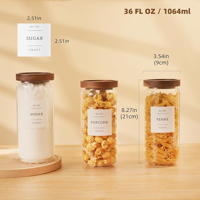 3 Pack Glass Canisters with Airtight Acacia Lids and 132 Kitchen Pantey Labels Preprint - 36 Fl OZ Borosilicate Glass Pantry Storage Jars Containers with Wooden Lids for Tea,Sugar,Cookie,Pasta,Candy