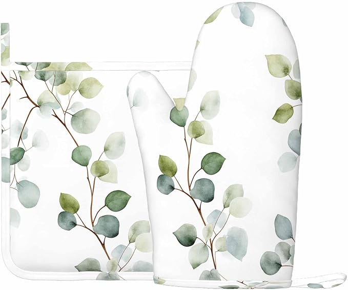 Mxocom Green Leaves Silicone Oven Mitts and Pot Holders Sets Eucalyptus Round Leaf Foliage Branches Twig Natural Plant Repeat BBQ Gloves for Kitchen,Cooking,Baking,Grilling