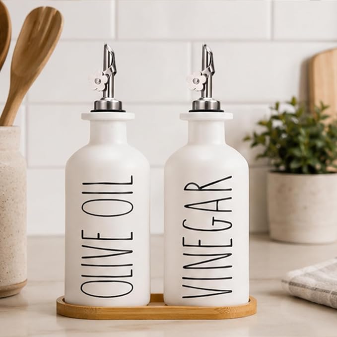 HOMCDALY Premium Olive Oil Dispenser for Kitchen, 11.8oz Glass Oil Bottles with Bamboo Tray, White Oil&Vinegar Cruet Set, Kitchen Dispenser Bottles with Pourer| Set of 2 (11.8oz –P–White)