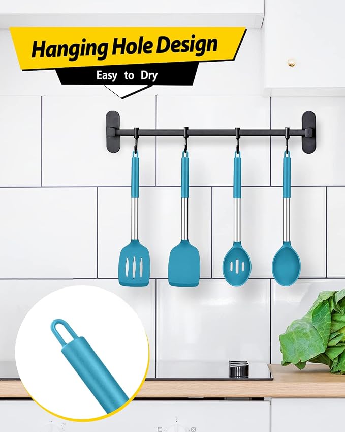 Pack of 4 Silicone Cooking Utensils Set, Non Stick Large Solid Spatulas, Heat Resistant Blue Slotted Spoons, Ideal BPA Free Kitchen Turners for Frying, Mixing,Serving,Draining,Turning,Stirring