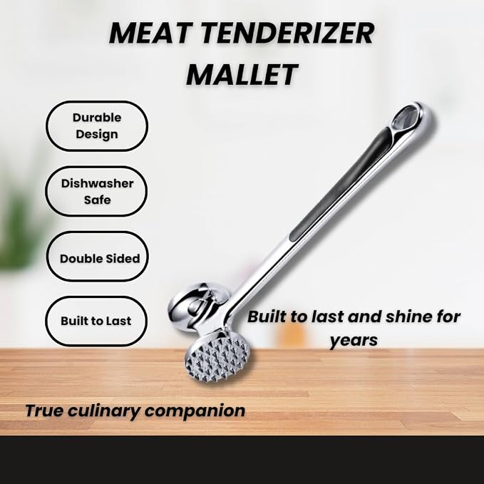 Professional Meat Tenderizer Mallet – InfyniteShores | Double-Sided Stainless Steel | Heavy-Duty 8.6" | Kitchen Tool for Steak Beef, Chicken & More