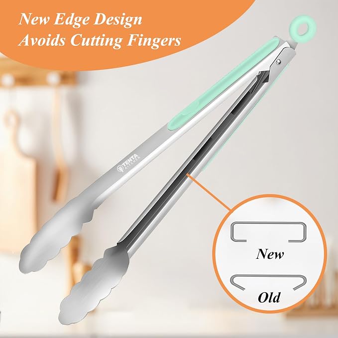 Tongs for Cooking, 12-Inch Stainless Steel Kitchen Tongs, Locking Metal Food Tongs with Silicone Non-Slip Grip, Kitchen Utensils for Food, Salad and Outdoor BBQ, Set of 4 (Mint Green)