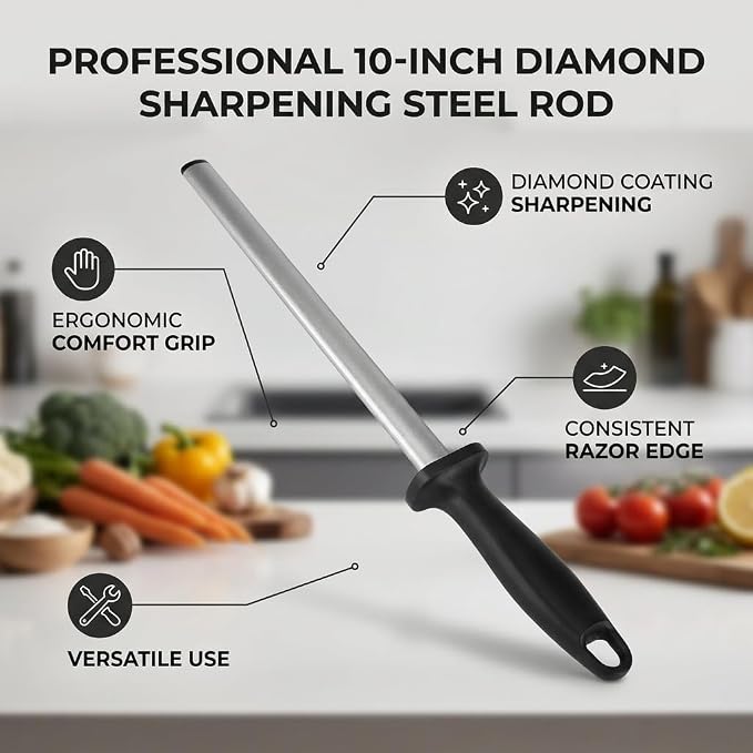 10 Inch Knife Sharpening Honing Rod, Professional Steel Knife Sharpener for Restaurant, Gourmet Chefs, and Home Kitchen Blade Sharpening