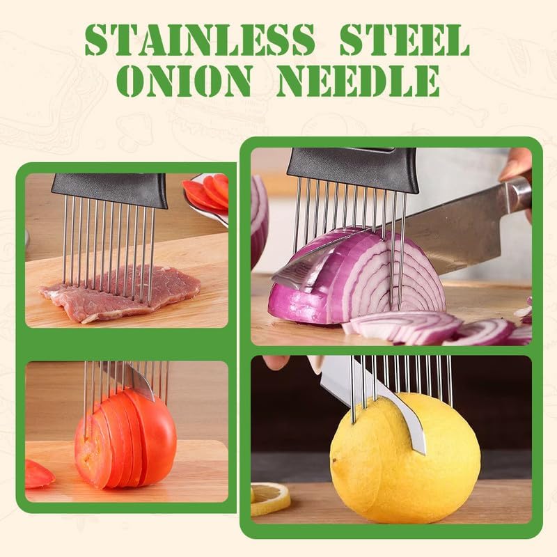 Onion Holder for Slicing, 2024 New Stainless Steel Onion Slice Holder Vegetable Slicer Cutter, Kitchen Chopper Slicing Assistant Tool for Onion Lemon Potato and Tomato (3 PCS)