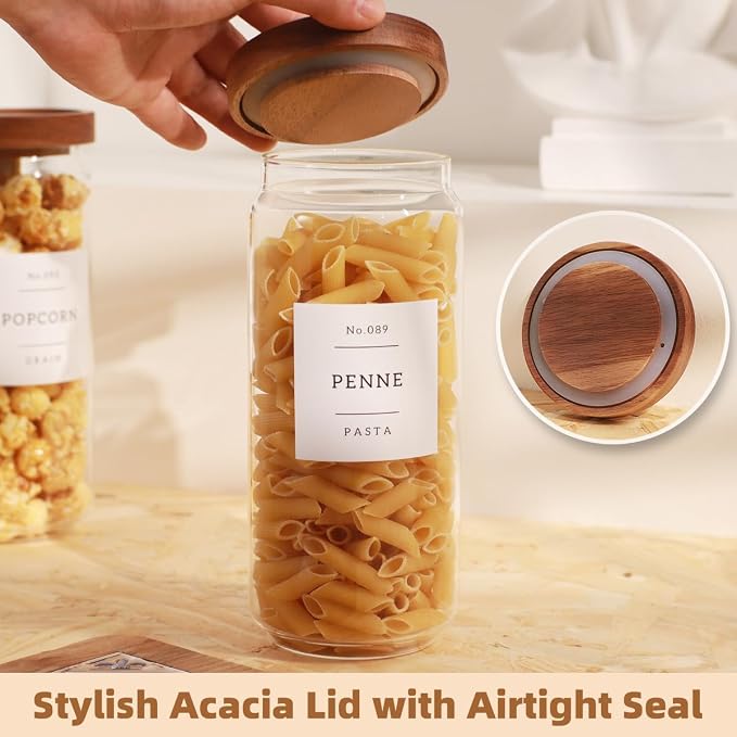 3 Pack Glass Canisters with Airtight Acacia Lids and 132 Kitchen Pantey Labels Preprint - 36 Fl OZ Borosilicate Glass Pantry Storage Jars Containers with Wooden Lids for Tea,Sugar,Cookie,Pasta,Candy