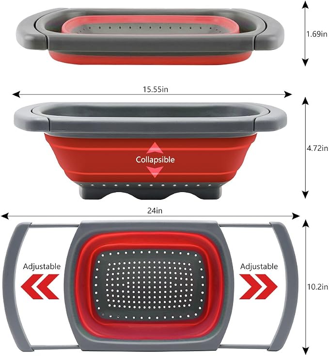 Qimh Colander Collapsible, Over The Sink Veggies/Fruit 6-Quart Strainers and Colanders with Extendable Handles, Folding Strainer for Kitchen