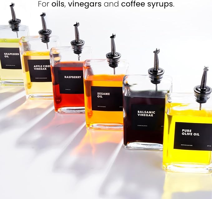 APT 1101 Olive Oil Dispenser for Kitchen, Cooking Oil and Vinegar Dispenser Set, Olive Oil Bottle, Soy sauce dispenser, coffee syrup bottles with stainless steel pourers (Black, Set of 4)